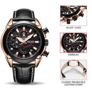 Megir 2065 sports watches creative chronograph quartz leather straps men watch rose gold