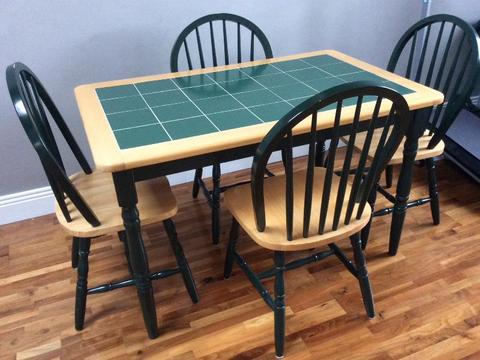 Kitchen / Dining room table and 4 chairs, green, tile topped table