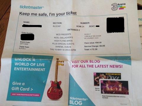 2x Noel Gallagher tickets 10 May, 3Arena