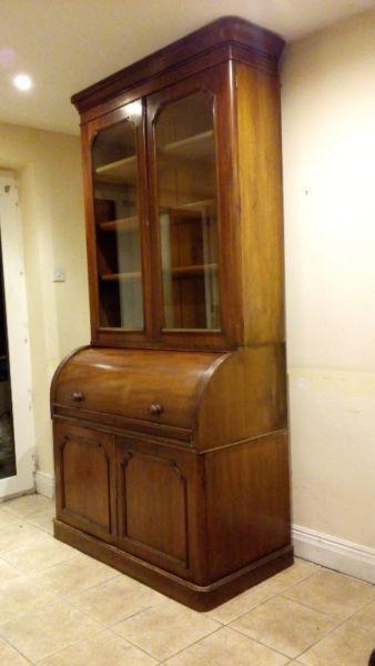 1800s cylinder roll top bookcase cabinet