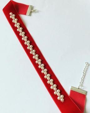 Red White Half Pearl Beaded Velvet Choker Necklace