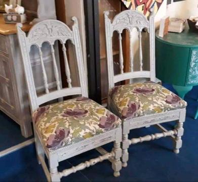 Pair of Arts and Crafts chairs recovered in William Morris style print